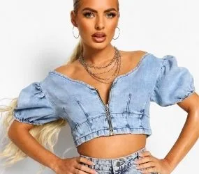 Puff Sleeve Denim Crop Top