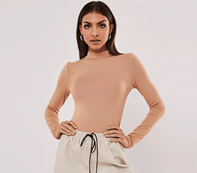 Camel Funnel Neck Long Sleeve Top