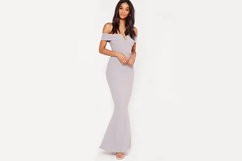 Crepe bardot v plunge maxi dress grey