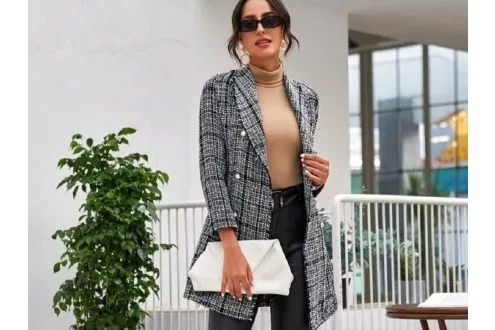 Double Button Plaid Tweed Coat