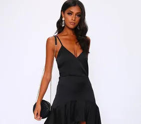 Black Ruffle Hem Satin Dress