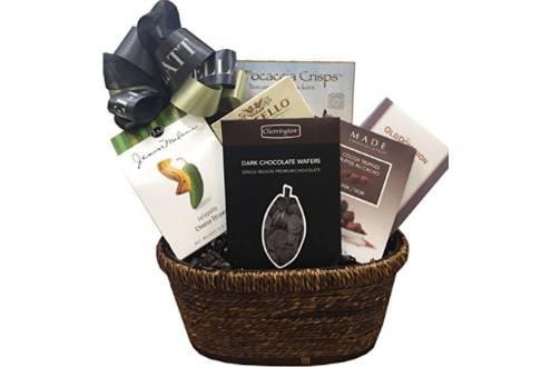 Gift basket with cocolate peanuts, truffles, cheese, wafers and more