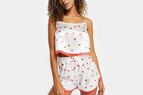 I Saw It First satin lace trim cami top and pyjama shorts set - red heart print