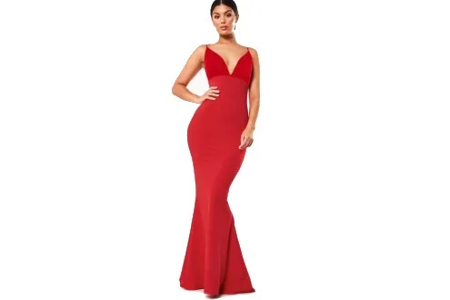Red Organza Bust Fishtail Maxi Dress