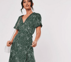 Green polka dot wrap midi dress