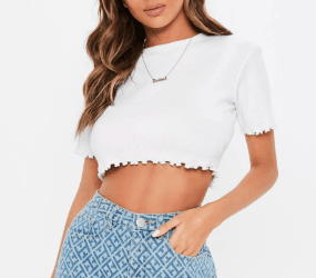 Petite white lettuce hem ribbed crop top