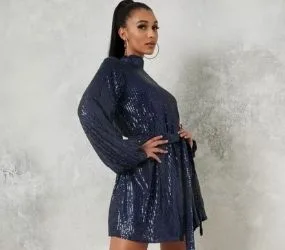 Missguided navy sequin high neck mini dress - 40% off - Just £21