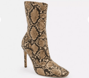 Nude snake print square toe stiletto heel boots
