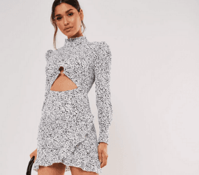 White Dalmatian Print High Neck Cut Out Mini Dress