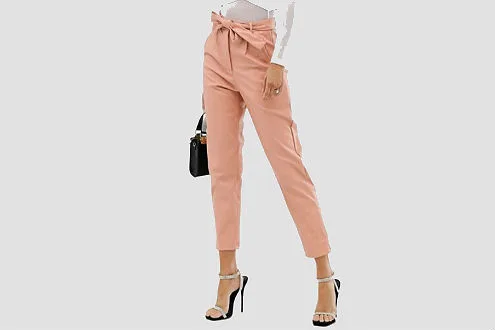 Missguided faux leather pants with tie waist in peach