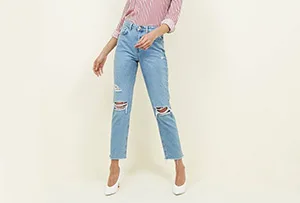 Pale Blue Ripped Knee Tori Mom Jeans
