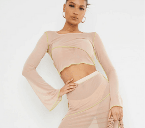 Stone Sheer Mesh Contrast Stitch Detail Long Sleeve Top