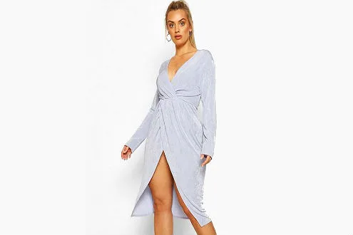 Plus Textured Slinky Twist Detail Wrap Midi Dress