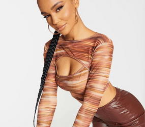 Brown Print Cut Out Long Sleeve Crop Top