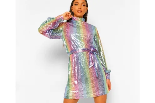 Tall Rainbow Sequin Belted Balloon Sleeve Dress