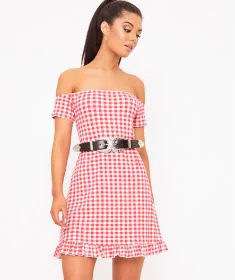 Red Gingham Bardot Frill Hem Swing Dress