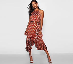 Satin Polka Dot Frill Detail Midi Dress